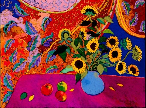 Sunflowers in a blue vase - colourful background