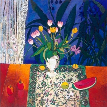 White vase with tulips - watermelon on table